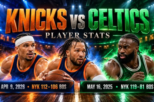 Graphic comparing the Knicks’ 112–106 win in April 2026 with their 119–81 playoff win in May 2025