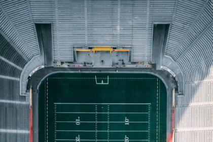 Aerial view of an American football stadium during a game